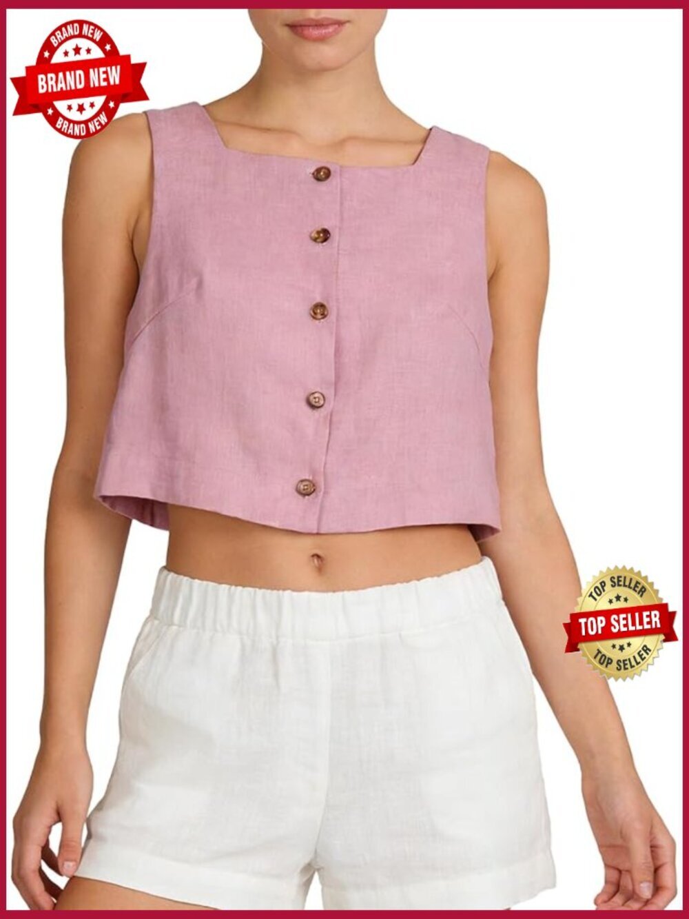 100% Linen Square Neck Sleeveless Button Down Crop Top Summer